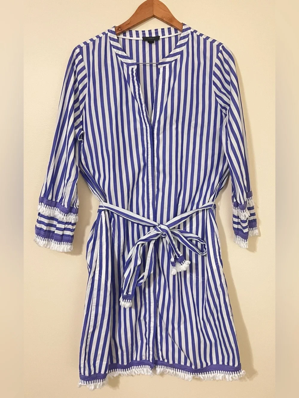 J. Crew Blue and White Striped Tie-Waist Mini Dress